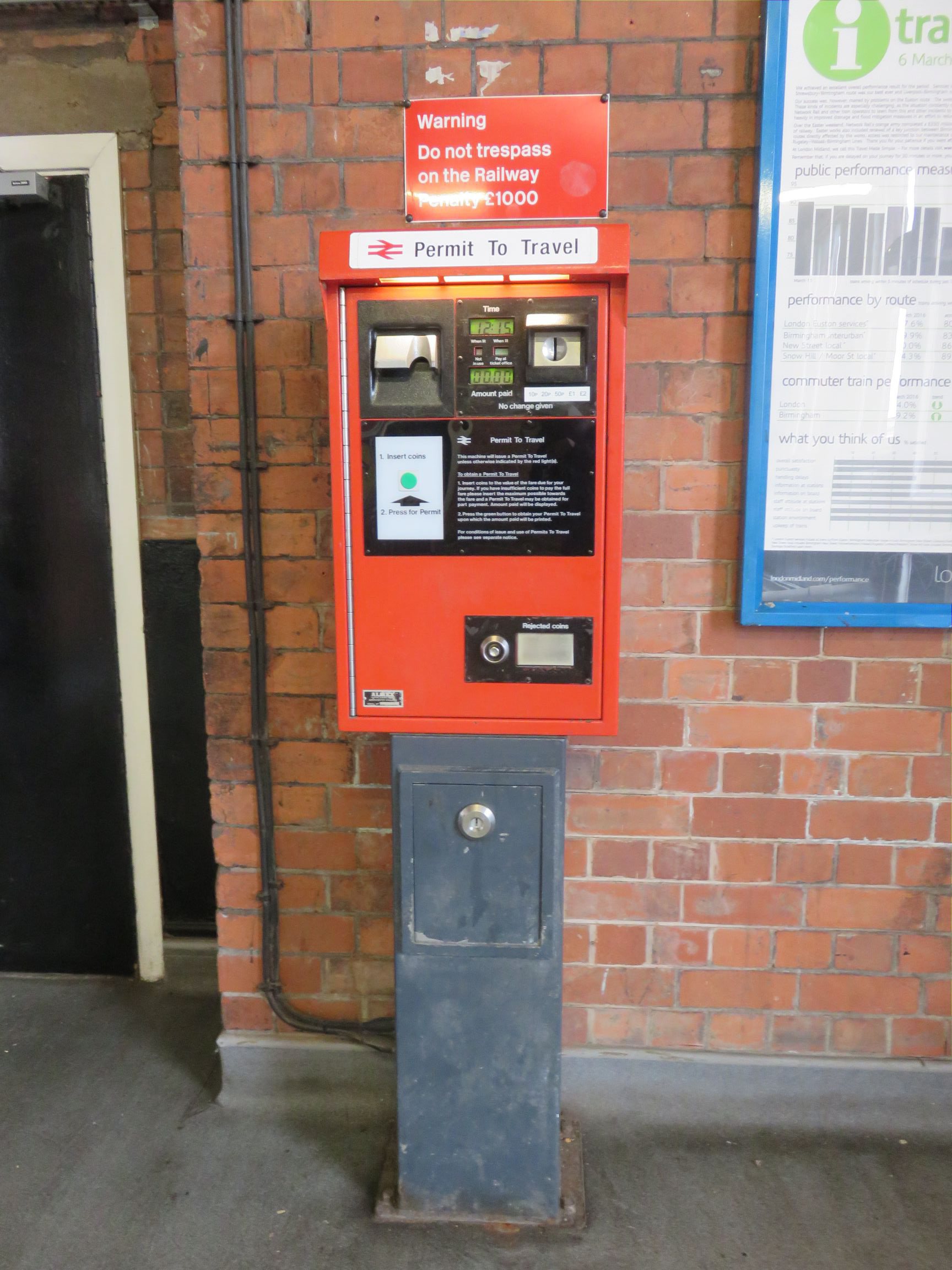 PERTIS machine at Smethwick Rolfe Street railway station.