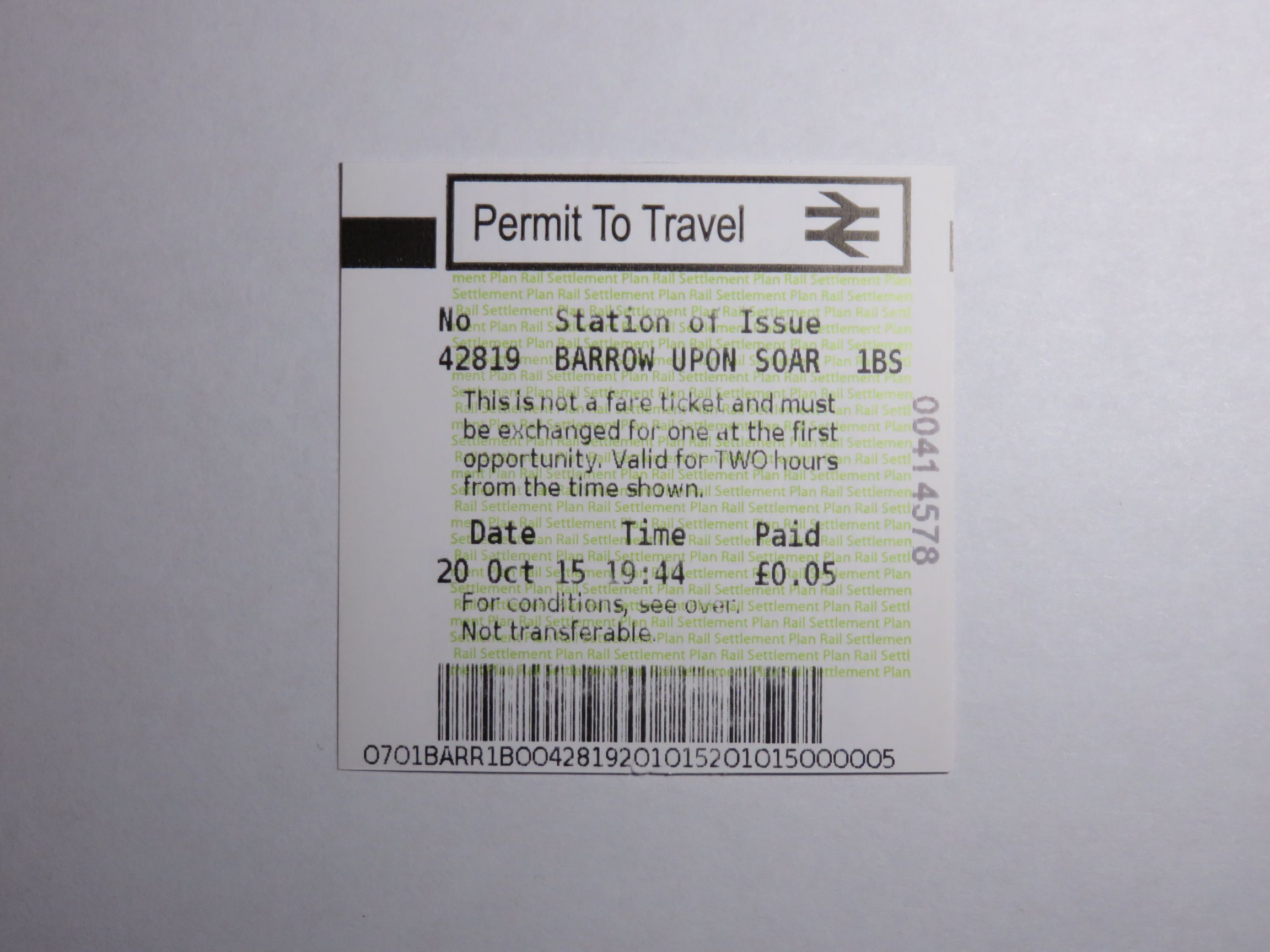 Ticket from Barrow-Upon-Soar's PERTIS Machine.