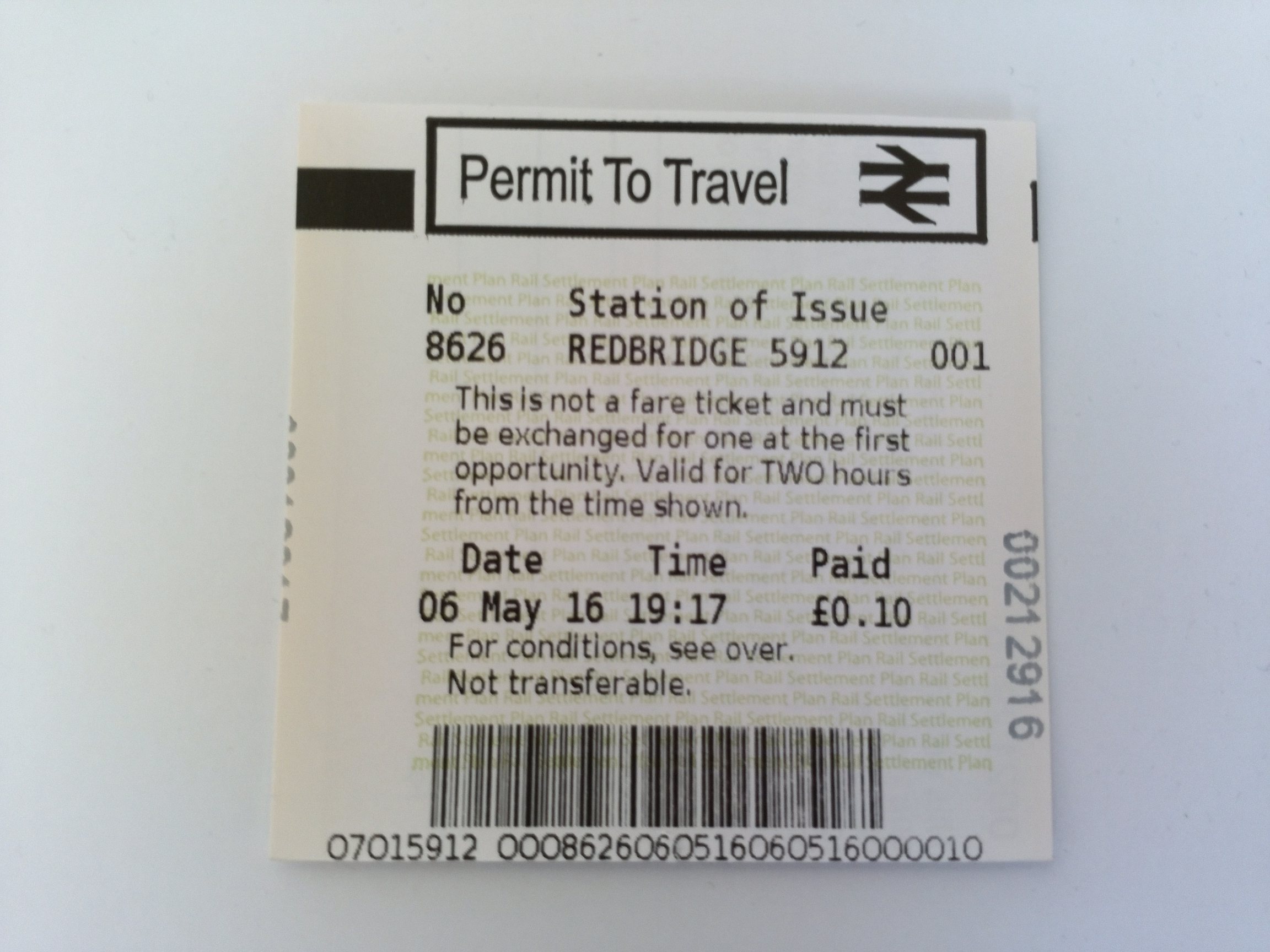 Ticket from Redbridge's PERTIS Machine.