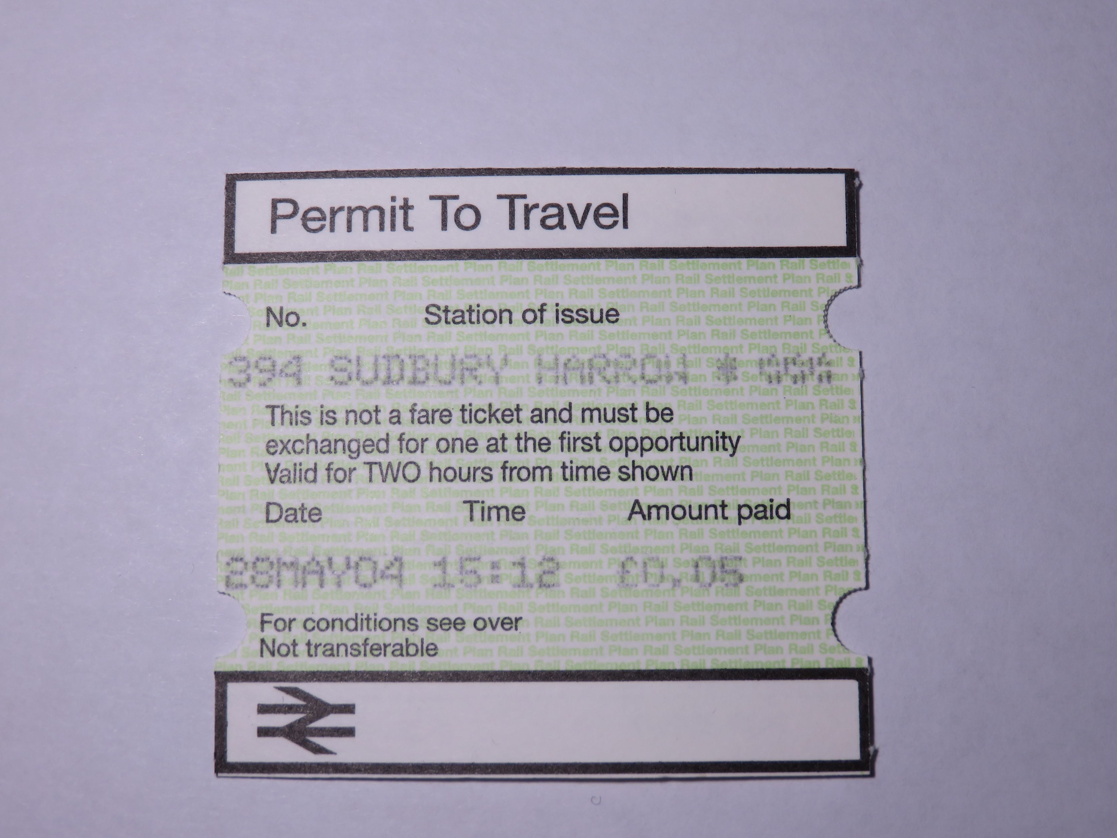 Ticket from Sudbury & Harrow Road's PERTIS Machine.